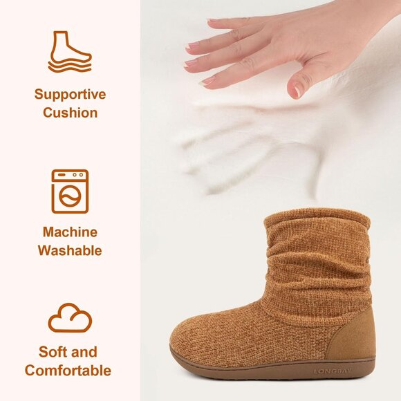 Women's Brown Cozy Winter Warm Knit Memory Foam Non Slip Slipper Bootie Shoes - Picture 4 of 6